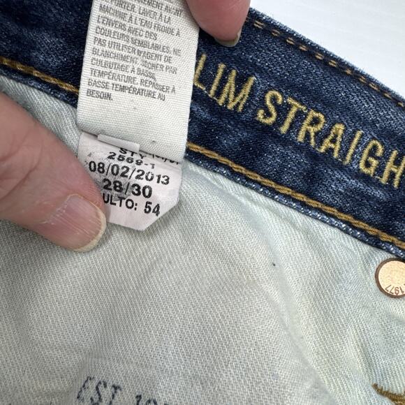 AEO Jeans Slim Straight Low Rise Men 30x29** Blue Fade Whiskers Stacks Casual - Picture 16 of 16